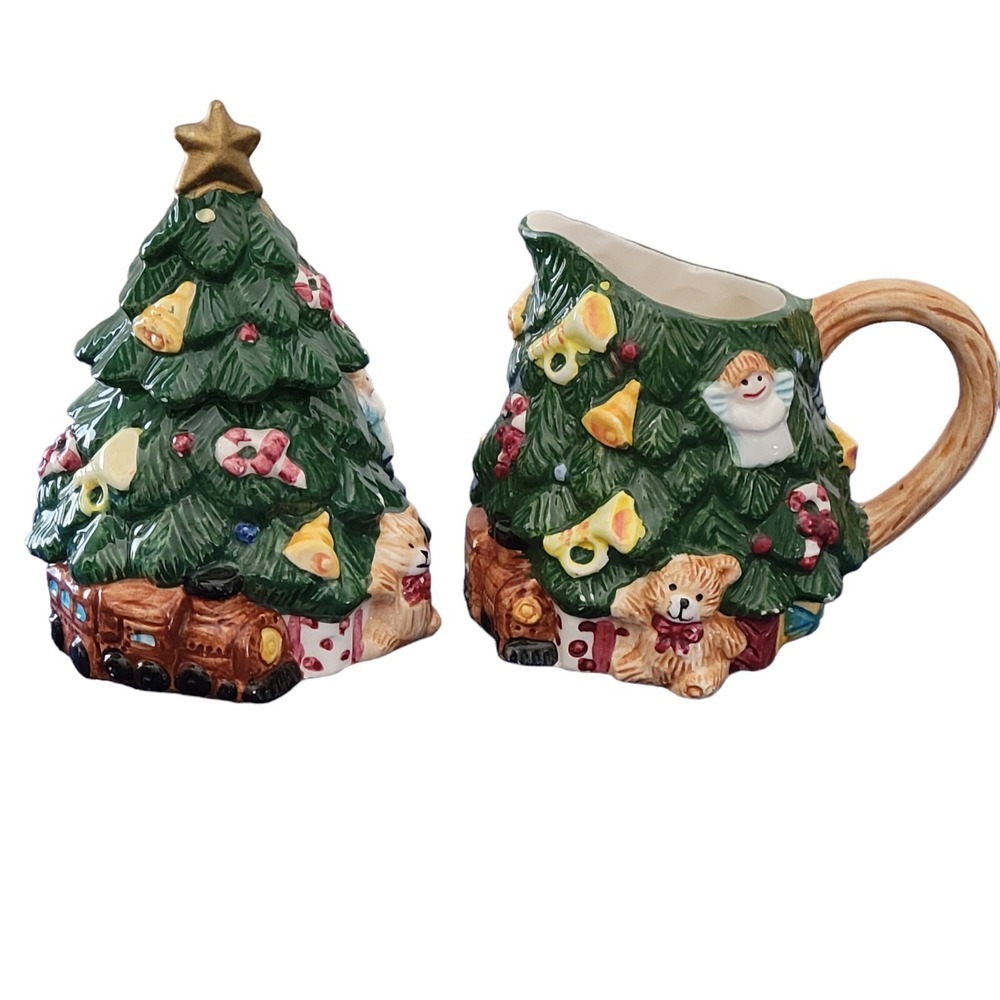 Home Trends Earthenware Christmas Tree Sugar Creamer NO SPOON Box 1995 Vintage